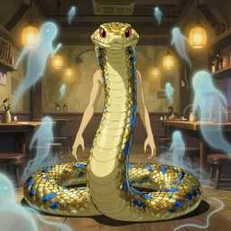 an ethereal humanoid snake with hands, golden scales and blue accents scattered in its design, set in an empty tavern full of wispy blue spirits, warm yellow lights, art by yuji ikehata and satoshi kon, background art by miyazaki, realism, proper human male proportions, fully clothed, dungeons and dragons, anime