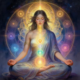 a woman in deep meditation, chakras emiting mystical colored light, intricate, elegant, highly detailed, my rendition, digital painting, artstation, concept art, smooth, sharp focus, radiant light, illustration, art by artgerm and greg rutkowski and alphonse mucha