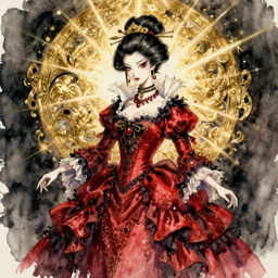 watercolor painting of an avant - garde japanese bjd geisha vampire queen with a long neck in a victorian red dress painted by z. w. gu, amy sol, intricate detail, artstation, artgerm, in the style of dark - fantasy, rococo, gold leaf art