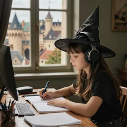 girl wearing a witch hat and headphones doing homework at a desk next to a window with a medieval city outside, classical painting