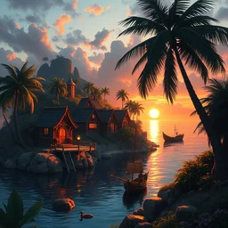 a little fisher ( fantasy ) village on a tropical island, scenic view, sunset, matte painting by marc simonetti and rhads and donato giancola, trending on artstation