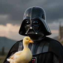 Darth Vader with a little duck on his helmet, realistic