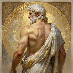painted back portrait of rugged zeus greek god by greg rutkowski craig mullins artgerm alphonse mucha, splashed gold paint, white hair handsome muscular upper body mature flowing robe [ ancient greek motifs ] background fantasy intricate elegant detailed digital painting concept art artstation sharp focus illustration