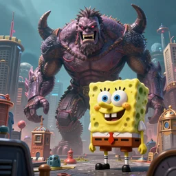 giant 2 1 savage from the perspective of spongebob stands over city by simon stalenhag, d & d, fantasy, digital painting, unreal engine 5, photorealism, hd quality, 8 k resolution, cinema 4 d, 3 d, cinematic, professional photography, art by artgerm and greg rutkowski and alphonse mucha and loish and wlop