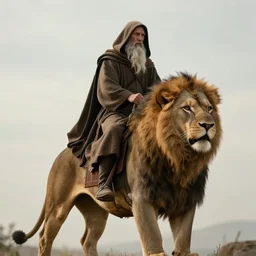 a hooded wise old man with a long white beard wearing a brown hooded tunic riding on top of a beautiful lion, majestic, epic digital art, cinematic, trending on artstation, superb detail 8 k, wide - angle, masterpiece
