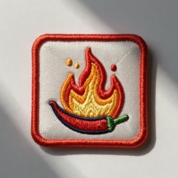 an embroidered square patch of a retro minimalist clean chilli on fire flames