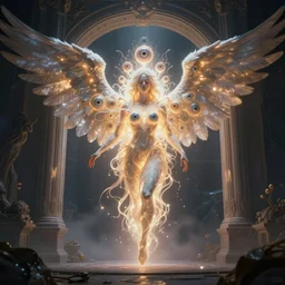 A glowing intricate interdimensional angel with multiple eyes and wings coming from a portal by alex gray