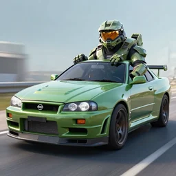 master chief from halo 3 driving in a nissan skyline