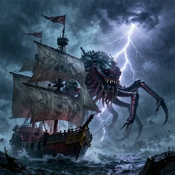 giant kraken attacking a pirate sail boat, storm, lightning, rain, fantasy, horror