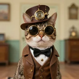 photo of a cat in steampunk fashion taken by wes anderson