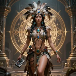 a mystical tribal goddess adorned with feathers and gemstones and cables and synthesizer parts is surrounded by sacred geometry made from elven architecture, full body, gorgeous, perfect face, powerful, cinematic, beautifully lit, by artgerm, by karol bak, 3 d, trending on artstation, octane render, 8 k