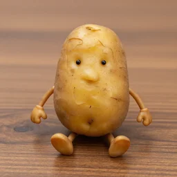 potato with face, legs and arms, on a wooden table