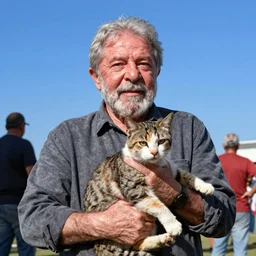 luis inacio lula da silve holding a stray cat, at noon, blue sky, a few people at back