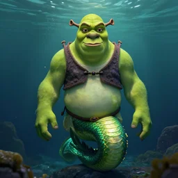 underwater portrait of shrek as the naga queen, naturel, hyper detailed, digital art, trending in artstation, cinematic lighting, studio quality, smooth render, unreal engine 5 rendered, octane rendered, art style by klimt and nixeu and ian sprigger and wlop and krenz cushart.