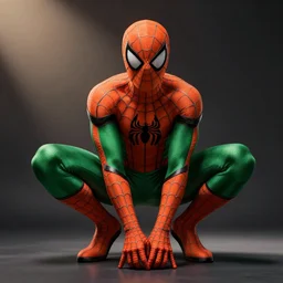 studio photo render of an orange and green spiderman by cedric peyravernay greg rutkowski and marc silvestri made with unreal engine