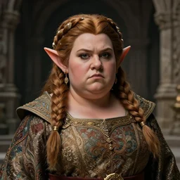 Portrait | chubby female dwarf noblewoman | elaborated brocade dress | beautiful elaborated braided hair | style by Larry elmore, stefan gesell | dramatic light | high detail | cinematic lighting | artstation | Regal and Proud robust woman| bold serious expression | dungeons and dragons | dwarven halls |