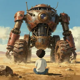 backview still of a kid looking to a steampunk monumental!!!!! giant!!!!! rusty robot - tractor sit the ground, sun light, finely detailed features, dramatic, cinematic shot, desert, gapmoe yandere grimdark, trending on pixiv fanbox, painted by greg rutkowski makoto shinkai takashi takeuchi studio ghibli, akihiko yoshida, artstation