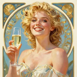 art nouveau poster, blonde woman with a glass of champagne, cheerful, bright, clear colors