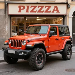 Abstract Jeep Wrangler inspired by Italian pizza sauce, in front of a pizza shop in Italy, 4k photography