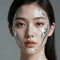 asian woman closeup face portrait, face covered with chrome liquid stripes and glowing gems, highly detailed face, elegant pose, intricate, extremy detailed, cgsociety, unreal engine, octane render,, highly detailed 4 k art