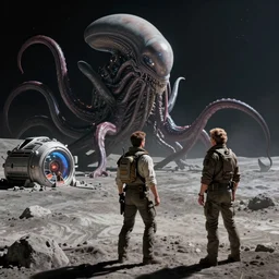 greg rutkowski and raymond swanland digital painting of a habitat on the moon, gigantic tentacle alien approaching in the background, like a scifi action movie, unreal engine, hyper realism, realistic shading, cinematic composition, blender render, octane render, ultrawide shot, 3 5 mm film