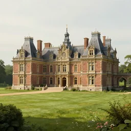 matte painting of a countryside landscape of a noble estate with xix century manor. fantastical, elegant, intricate elaborate, brown brick, opulent, verdant lawn. sharp focus, smooth detailed digital art trending in artstation