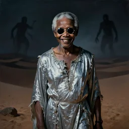 portrait of mischievous, dangerous old Nelson Mandela, smiling as a queen of fairies, dressed in a worn out silver dress, wearing round sunglasses. The background is a dark, creepy Middle eastern desert. night, horroristic shadows, high contrasts, lumnious, foggy effect, photorealistic, dreamlike, mist filters, theatrical, oil canvas art by Henry Meynell Rheam and Cesare Saccaggi