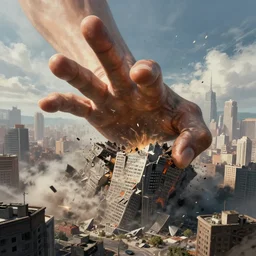 the giant hand of god smashing the city, digital painting, highly detailed, concept art, trending on artstation, epic composition, sharp focus, flawless render, masterpiece, volumetric lighting, realistic