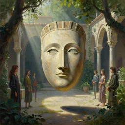 sentinel in an engraved mask portrait, ambient light - filled courtyard, morning light, romanesque architecture, chiaroscuro, atmospheric, light cascading, lush, fantastical, lowbrow, pop surrealism, avery palmer, mark ryden, mike davis, marion peck, camille rose garcia, todd schorr and ray caesar, oil on canvas