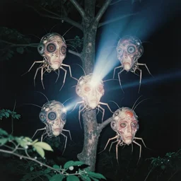 4 k rhizomatic computer vision!!!! compound eyes and insectile head materialising from the canopy ; corporeal chitinous flesh spun solid from beam and vapour. night time photography mystical polachrome 3 5 mm instant film