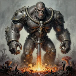 airbrush of intricate, sentient, dethroned goliath machines, turbines, hydrocracking, boiling in gangrene pit, fungal pit, by alberto bontempi, shigeru komatsuzaki, wayne d barlowe, alex ross, simon bisley & boris vallejo, enric torres, hyper realism, cinematical, narrative light, muted colors, epic, hyper