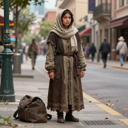 female immigrant poor beggar on the streets, ultra detailed fantasy, dndbeyond, bright, colourful, realistic, dnd character portrait, full body, pathfinder, pinterest, art by ralph horsley, dnd, rpg, lotr game design fanart by concept art, behance hd, artstation, deviantart, hdr render in unreal engine 5