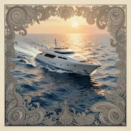 [ palate ] [ muted colors ] crazy psychedelic ocean, luxury yacht crossing the ocean, paisley swirls and ripples, backlit, sunset, refracted lighting, outdoors, paisley pattern, elegant, 8 k resolution, intricate and fine details, digital painting, artstation, illustration, psychedelic ocean art, krenz cushart, alphonse mucha