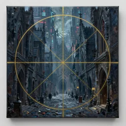 an epic painting of the dark medieval city street, oil on canvas, cold colors, perfect composition, golden ratio, beautiful detailed, photorealistic, digital painting, artstation, concept art, smooth, sharp focus, illustration, cyberpunk background, artstation trending, octane render, unreal engine