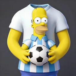 render of homer simpson dressed with argentinean t - shirt with a futbol ball in his hands