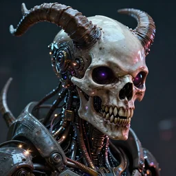 futuristic steampunk alien portrait, sharp teeth, long horns, mechanical internals, exposed wire sparks, hyper realistic shiny textures, 8 k, skull, cyberpunk, intricate details, fluorescent glow, science fiction space horror, unreal engine, dark, heavy shading, depth of field