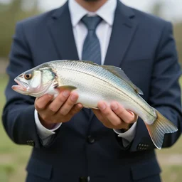 A FISH wearing a suit and tie, ready for a meeting, outdoors business portrait, close, photorealistic