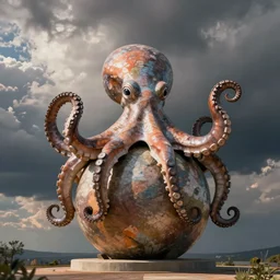 a statue of an octopus sitting on top of a round body