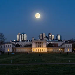 greenwich park with the moon hanging over the top at night time, realistic
