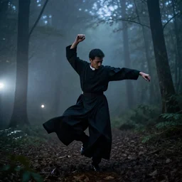 a smudged, scratched, grainy and blurry photograph showing the whole body of a priest dynamically and frenetically dancing in the dark forest. it's a wild and unpredictable dance. in the foggy woods, night time, flash lights