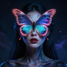 a portrait of a beautiful woman with a neon butterfly covering her face head, cult secret society art by james paick, and shaddy safadi, ominous, cosmic horror, trending on artstation, ultra detailed, hyper realistic 4 k, octane, cinema 4 d, c 4 d render by david ariew