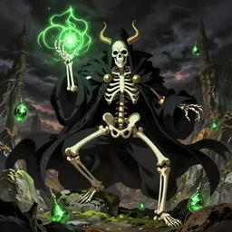 an artwork of a skeleton overlord magician casting a spell with green ornaments, Overlord anime style