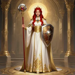 Full-body picture of Gorgeous young priestess, White and gold robes, red waist-long hair, mace and shield, visible beautiful face, dungeon and dragons, high fantasy, holy vibes, ornamental, symmetry, artstationHD, artstationHQ, trending in artstation, safebooru, ultra HD