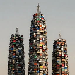 giant towers made up of suspended colourful makeshift squatter shacks, mamiya, uniform plain sky, fine details, minimalist, photographed by frans lanting