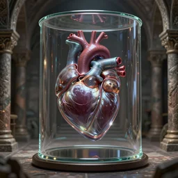 a real human heart inside glass and framework, inside a medieval crypt, 8 k, realistic render, octane render, unreal engine