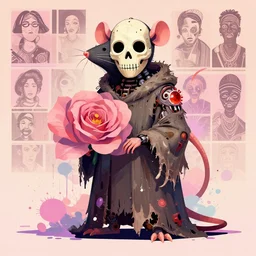 retro biomechanical rat in vintage death beath mask, infested tattered robe, giant orchid roses, pixiv fanbox, dramatic lighting, maximalist pastel color palette, splatter paint, pixar and disney concept, graphic novel by fiona and dustin nguyen, peter elson, alan bean, wangechi mutu, clean cel shaded vector art, on artstation