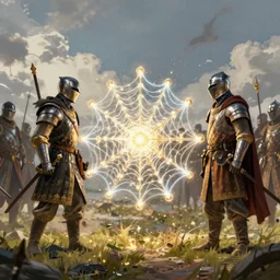 two medieval armies with a web made of energy standing inbetween them, trending on artstation, cgsociety, 8 k, cinematic, unreal engine, octane render, illustration digital painting, sharp focus, art by wlop and greg rutkowski, rule of thirds, golden ratio, ambient lighting
