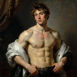 portrait of twink handsome guy, ultra detailed, biceps, beautiful, by greg hildebrandt fancy rococo baroque oil painting high quality with clothes
