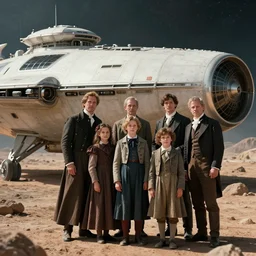 sharp, highly detailed, 9216k film, 17500mm film still from a sci fi blockbuster color movie made in 2019, set in 1860, of a family standing in front of their spaceship, on an alien planet, the family are all wearing 1860s era clothes, good lighting, in focus, 700mm f/1.4L lens