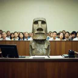 film still of a moai statue sitting behind a courtroom desk testifying in court | a crowd of people sitting behind it